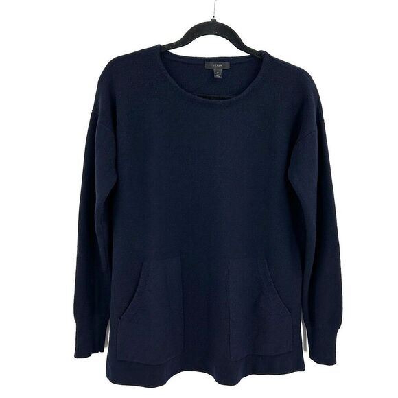 J. CREW Navy Blue 100% Merino Wool Knit Pocket Crew Neck Sweater Size Medium - Picture 1 of 5
